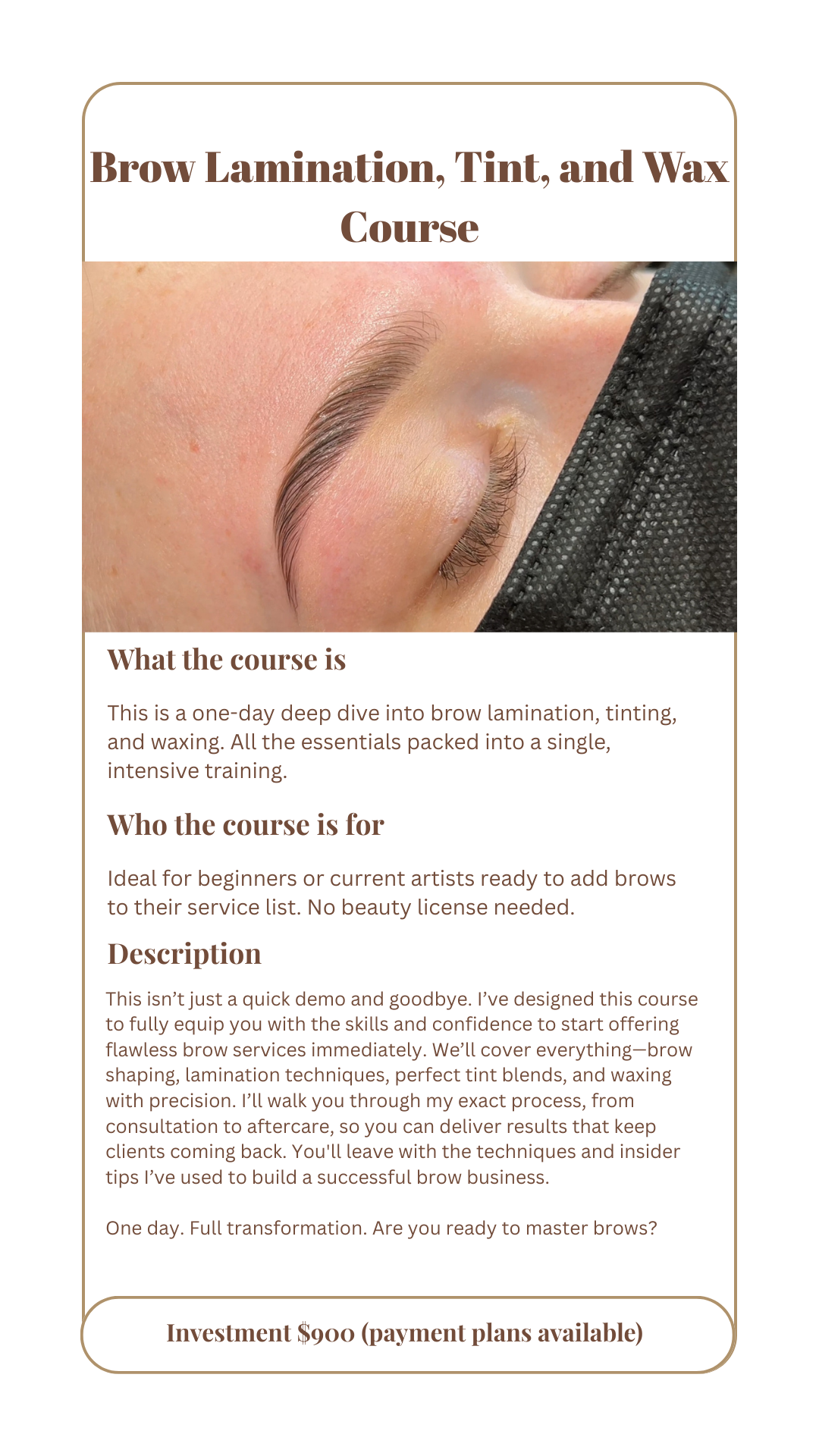 Brow Lamination, Tint, and wax course